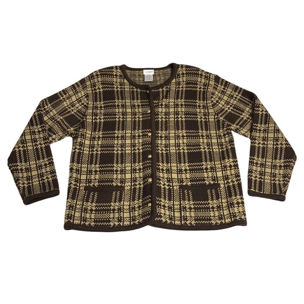 Vintage Liz Baker Cardigan Sweater Womens Large Brown Plaid Acrylic Academia 90s